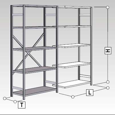 Anbauregal Höhe = 2 m, Länge 1 m, Tiefe 60 cm, mit 5 Tablaren, cplt.